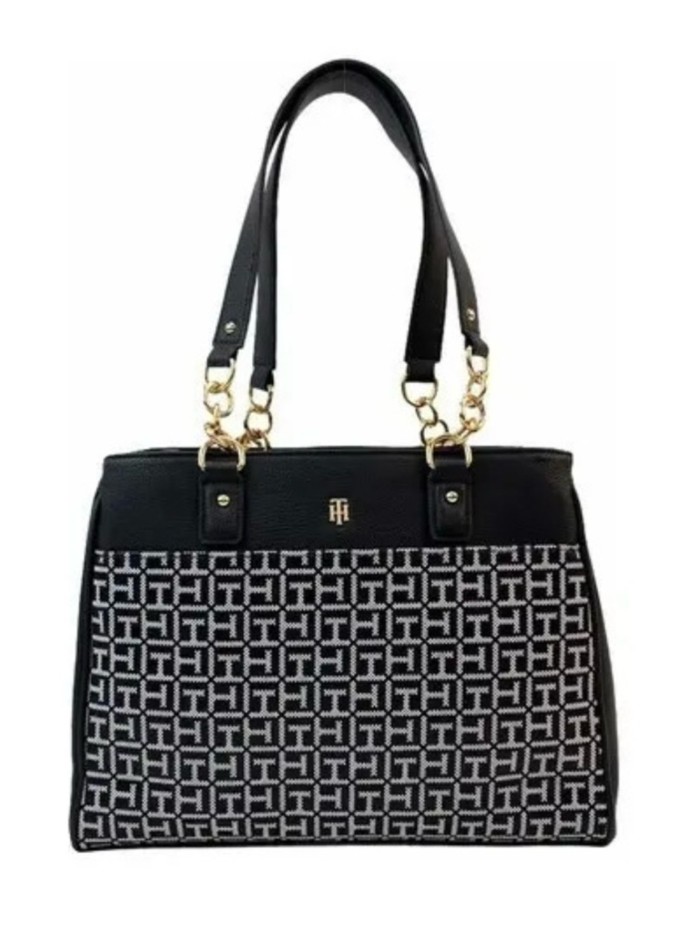 Tommy Hilfiger Black and White Tote Bag Patterned Women's Gold‎ Hardware